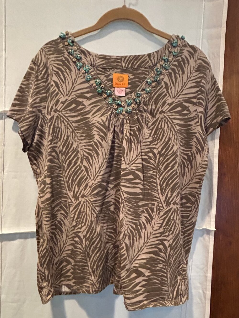 Ruby Rd. Cotton Camo / Jungle Tee with Turqouise and Wood Beaded Neckline Size L
